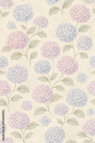 Vintage Style Pattern Of Pink And Blue Hydrangeas On A Light Lace Textured Background