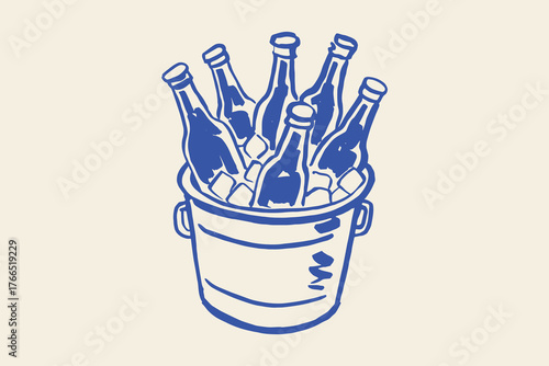 Beer bottles in ice bucket hand drawn sketch vector illustration