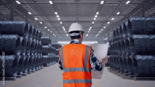 Wallpaper Mural Back of Asian Male Engineer Looking At Blueprint In His Hands While Walking in Warehouse of Steel Wire Rod Torontodigital.ca