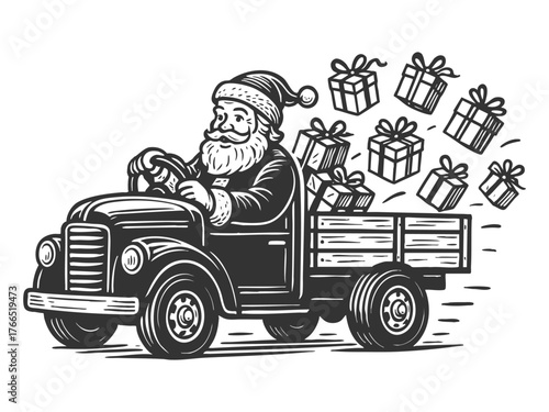 Santa Claus joyfully driving a truck with presents flying off the back sketch engraving generative ai fictional character vector illustration. Scratch board imitation. Black and white image.