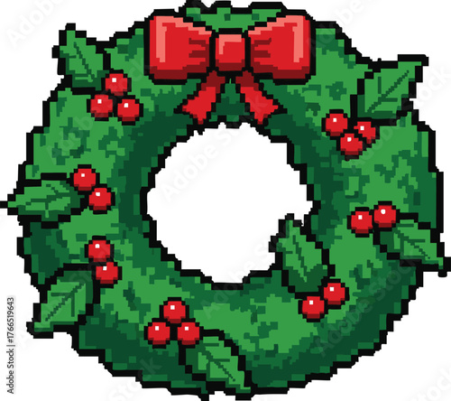 Pixelated Christmas Wreath with Red Berries and Bow, a Festive Holiday Decoration