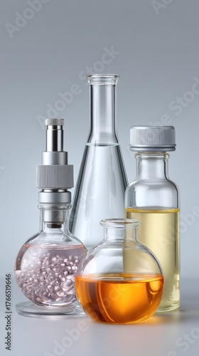 Wallpaper Mural Arrangement of Laboratory Glassware Featuring Colorful Liquids and Bubbles Under Soft Studio Lighting on a Neutral Background Torontodigital.ca