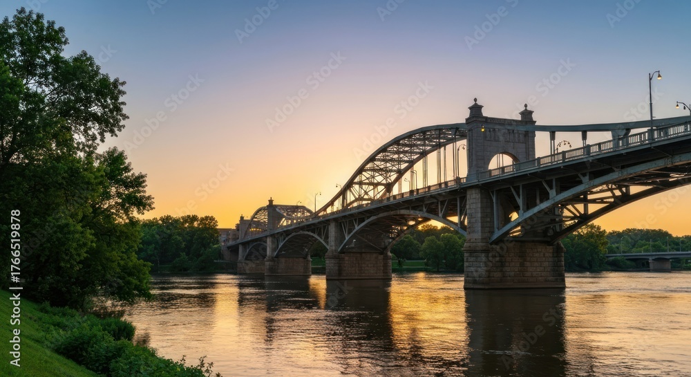 Fototapeta premium A scenic view of an ornate bridge stretching over a river at sunset, with trees on the banks