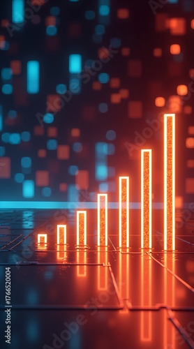 A futuristic, neon-lit data visualization with glowing orange bars and blue line graphs set against a dark, tech-inspired background  symbolizing advanced analytics or financial trends in a digital wo