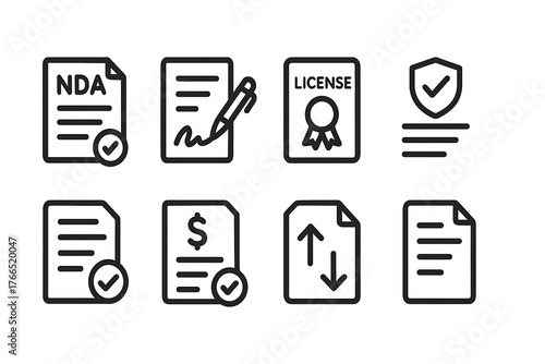 Line icons for legal agreements and business contracts. NDA, digital signature, license, insurance, compliance, conditions of payment, and upload-download paper vector illustration are all included