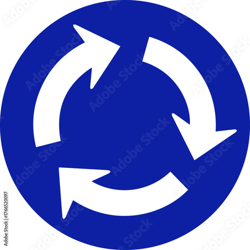 Roundabout sign, white arrow, blue background