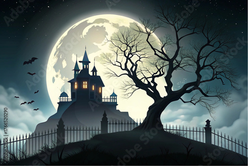 Haunted Castle on Hill with Full Moon and Twisted Tree – Spooky Halloween Night Scene