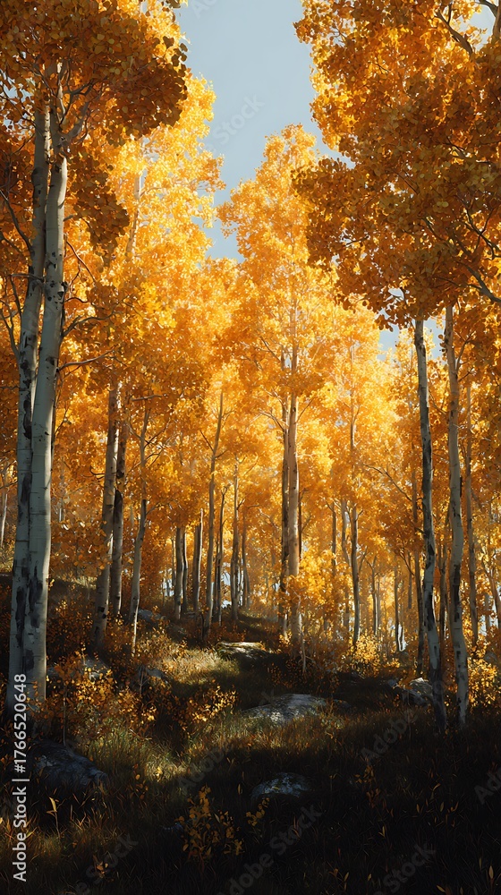 Obraz premium Scenic autumn forest with golden aspen tree HD photos
