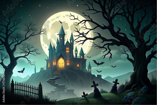 Haunted Castle on Misty Hill with Full Moon, Graveyard, and Winding Path – Spooky Halloween Illustration