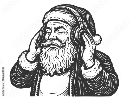 Santa Claus wearing modern headphones sketch engraving generative ai fictional character vector illustration. Scratch board imitation. Black and white image.