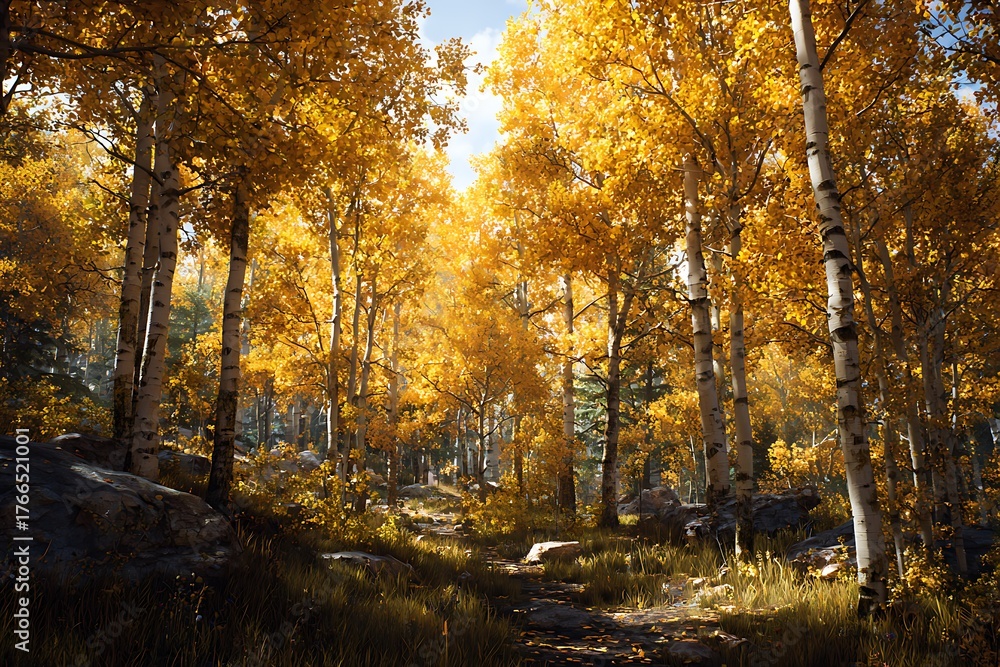 Fototapeta premium Sunlit aspen grove in golden fall season photos