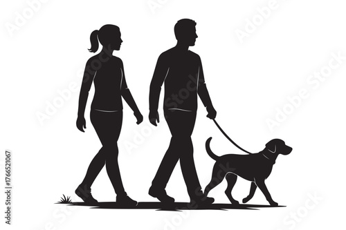 silhouettes of people walking with pet