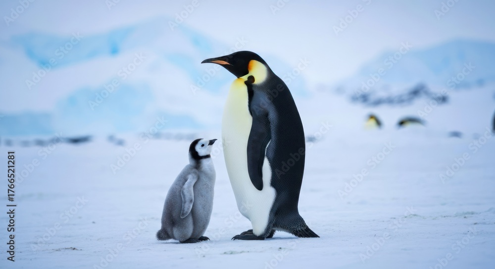 Fototapeta premium A tall Emperor penguin stands next to its smaller chick on snowy, icy Antarctic terrain
