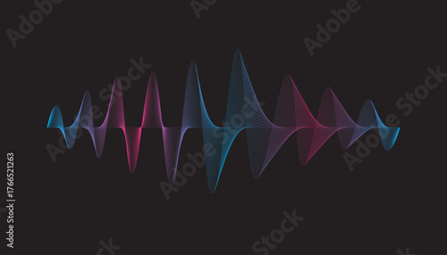 Abstract digital sound wave visualization with vibrant neon gradients of pink, blue, and purple on a dark background.