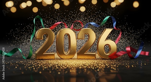 Sparkling 2026 Golden Numbers with Festive Ribbons and Bokeh Lights, Perfect for New Year's Greetings, Future Planning, and Anniversary Celebrations
