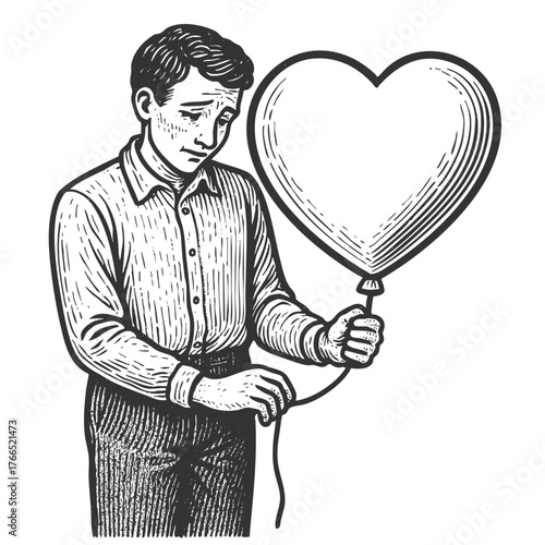 shy young man nervously holding a heart-shaped balloon sketch engraving generative ai fictional character vector illustration. Scratch board imitation. Black and white image.