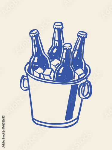 Beer bottles in ice bucket hand drawn sketch vector illustration