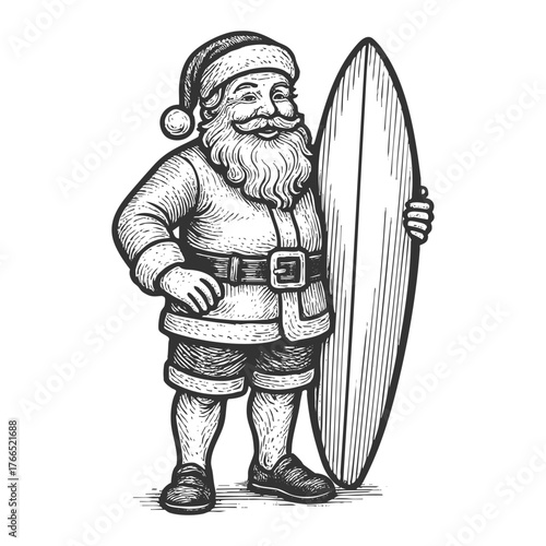 Santa Claus with a surfboard, blending Christmas cheer with a beach vacation vibe sketch engraving generative ai fictional character vector illustration. Scratch board imitation. Black and white image