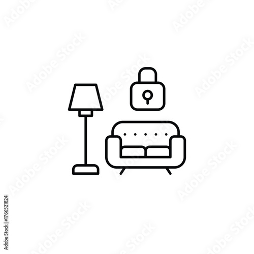 Floor lamp, sofa and lock. Connected living, safe smart home system. Pixel perfect, editable stroke vector icon