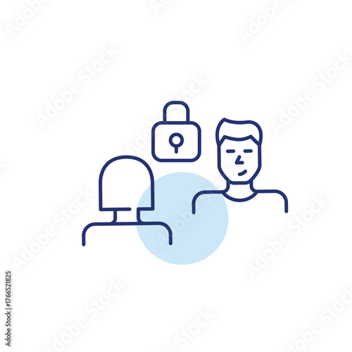 Woman and man in conversation and lock. Secure collaboration, trusted dialogue. Pixel perfect, editable stroke vector icon