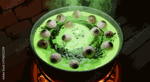 A bubbling cauldron filled with glowing green liquid and numerous floating eyeballs, emitting eerie green smoke in a dark, mysterious setting.