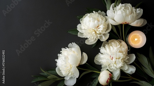 Funeral background with white peonies and a candle, with space for text.