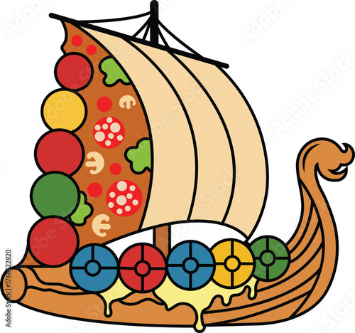 Whimsical viking ship pizza design creative food art fun foodie graphic