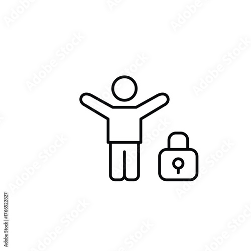 Happy person with arms raised celebrating success and lock. Secure achievements. Pixel perfect, editable stroke vector icon