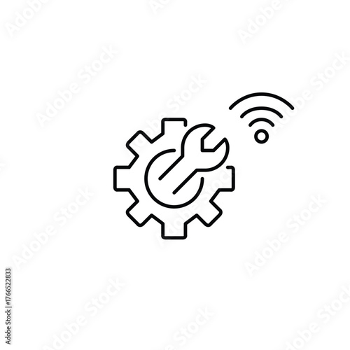 Wrench in cogwheel and wi-fi. System configuration updates and maintenance. Pixel perfect, editable stroke vector icon