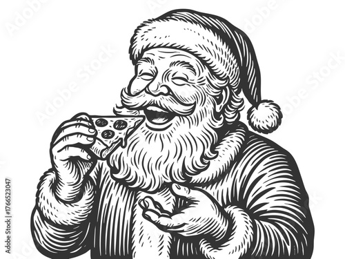 Santa Claus joyfully eating a slice of pepperoni pizza sketch engraving generative ai fictional character vector illustration. Scratch board imitation. Black and white image.