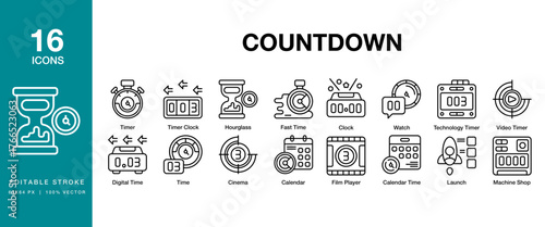 Countdown icon set. Includes countdown, timer, clock, stopwatch, alarm and More. Editable Stroke Icon Collection.