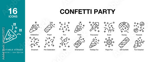 Confetti Party icon set. Includes confetti, party, celebration, festive, fun, joy and More. Editable Stroke Icon Collection.