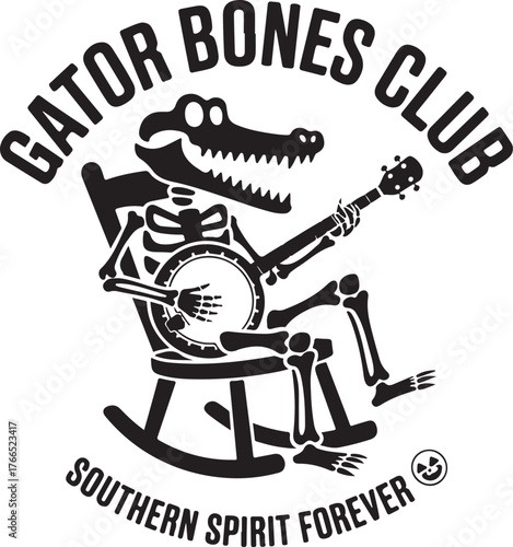Alligator playing banjo in rocking chair with text alligator skeleton playing music