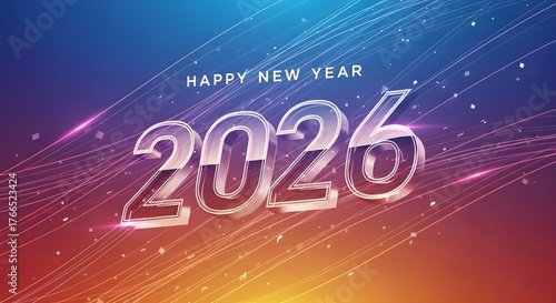 Celebrate the arrival of 2026 with this vibrant and festive New Year's greeting featuring shimmering text and dynamic light streaks