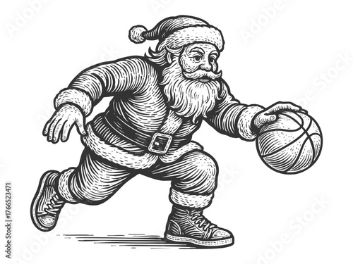 Santa Claus dribbling a basketball while wearing sneakers and his classic Christmas outfit sketch engraving generative ai fictional character vector illustration. Scratch board. Black and white.