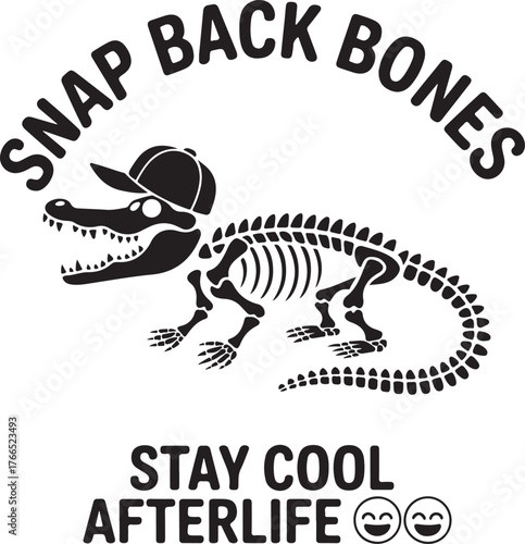 Alligator wearing a cap with text Snap Back Bones Stay Cool Afterlife snapback
