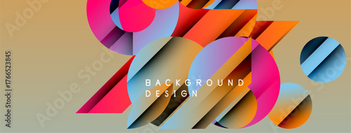 Abstract geometric shapes overlap, creating vibrant color gradients. Beige backdrop complements dynamic design elements. Modern aesthetic.