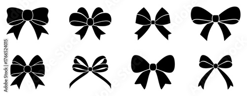Set of ribbon bow with different shapes and styles. Perfect for decoration, gift wrapping, festive, wedding, and holiday themes. Isolated on white background.