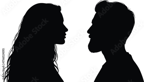 Black silhouette profiles of man with beard and woman with long hair facing each other, side view portrait, contrast, relationship concept illustration