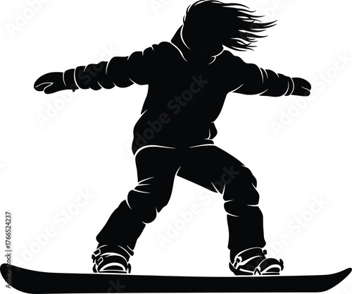 Snowboarder silhouette in motion, winter sports athlete riding downhill, extreme snowboarding action, dynamic outdoor adventure, freestyle performance, cold mountain landscape
