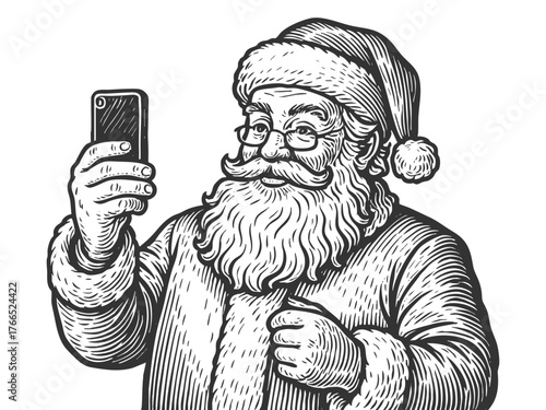 Santa Claus holding a smartphone and taking a selfie sketch engraving generative ai fictional character vector illustration. Scratch board imitation. Black and white image.