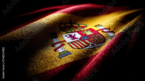 Close-up of the Spanish flag showcasing its vibrant colors and intricate design during a celebration in Spain's cultural heritage