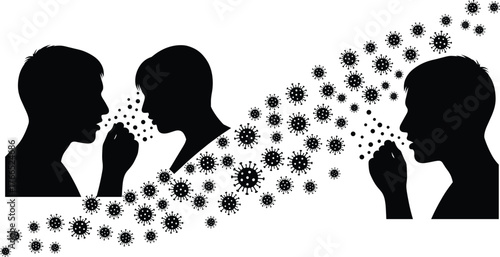 Airborne virus transmission illustration, coughing person spreading respiratory droplets, infection prevention concept, contagious disease spread, health safety awareness, medical education graphic