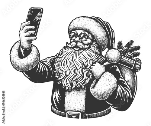 Santa Claus holding a smartphone and taking a selfie sketch engraving generative ai fictional character vector illustration. Scratch board imitation. Black and white image.