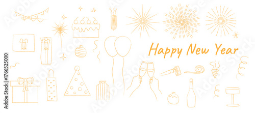 vector illustration of a set of happy new year elements. doodle, icon, holiday, gift,decoration.