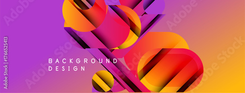 Abstract geometric shapes overlap vibrant purple, orange gradients. Modern design elements create dynamic visual texture. Background text reads background design.