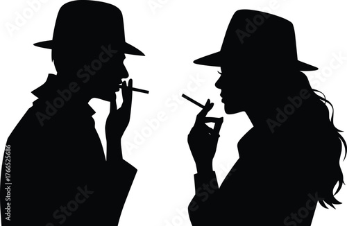 Black and white silhouette illustration of two mysterious people wearing wide brim hats smoking cigarettes, noir style detective atmosphere
