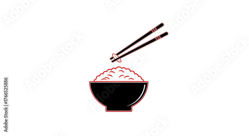 Minimalist illustration of a bowl of rice with chopsticks.