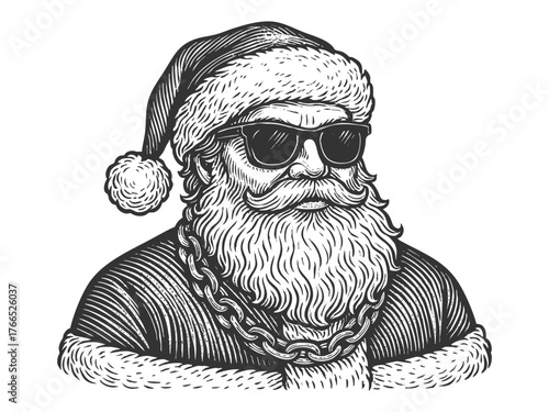 Santa Claus wearing sunglasses and a gold chain sketch engraving generative ai fictional character vector illustration. Scratch board imitation. Black and white image.