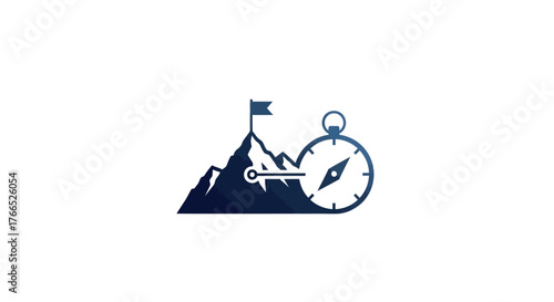 Mountain peak with flag and compass representing goal achievement.